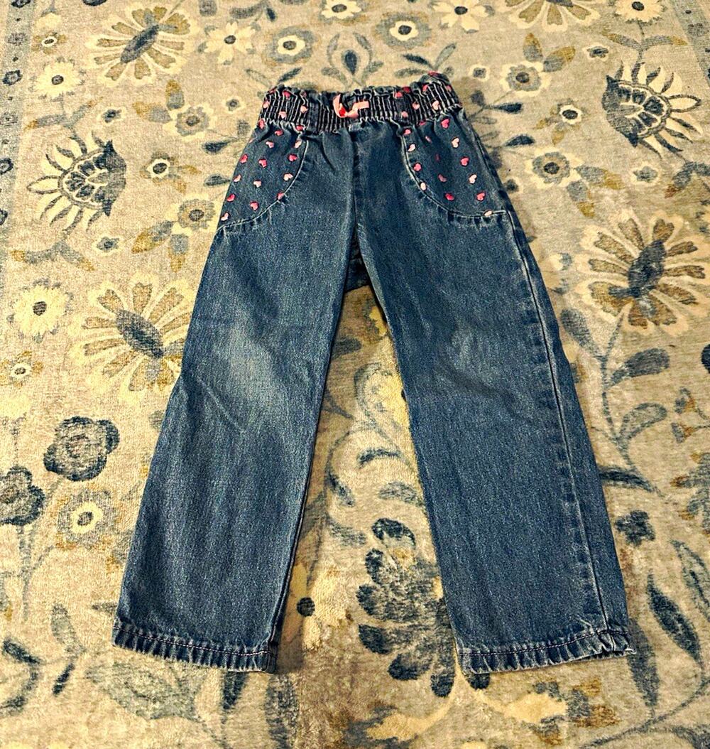 Metro Express Girls Size 4 Medium Wash Denim Pull-On Jeans Heart Pockets Bow
